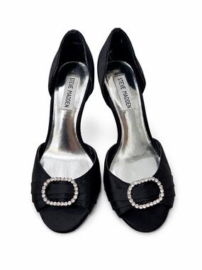 Steve Madden Black Satin D'Orsay Peep-Toe Heels with Rhinestone Buckle Accent